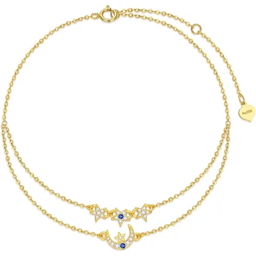 14K Gold Zircon Moon & Star Multi-layered Charm Anklet