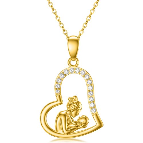 14K Gold Zircon Mother & Daughter Heart Pendant Necklace