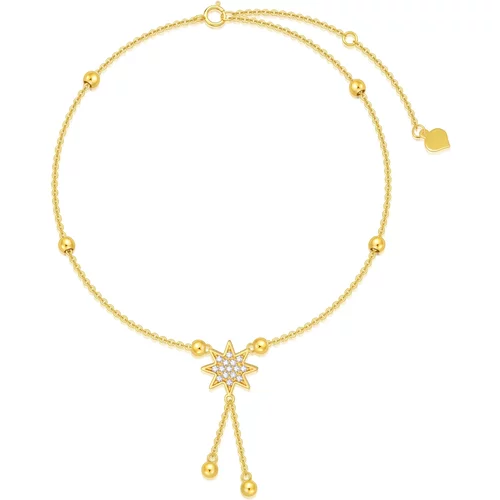 14K Gold Zircon Bead & Star Single Layer Charm Anklet