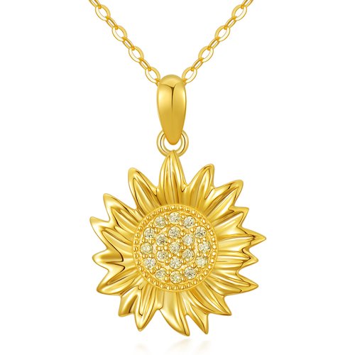 14K Gold Zircon Sunflower Pendant Necklace