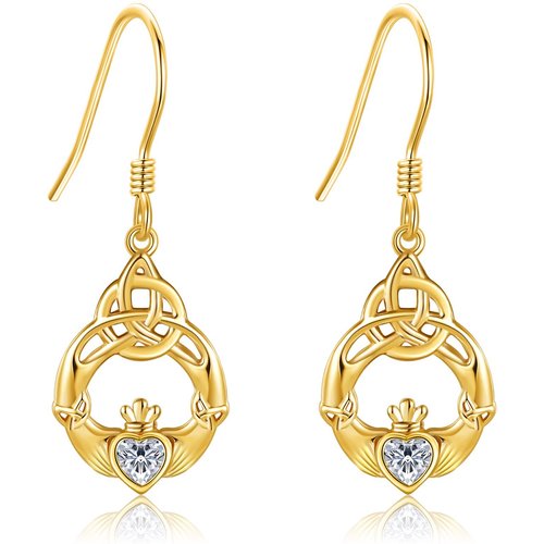 14K Gold Zircon Celtic Knot Drop Earrings