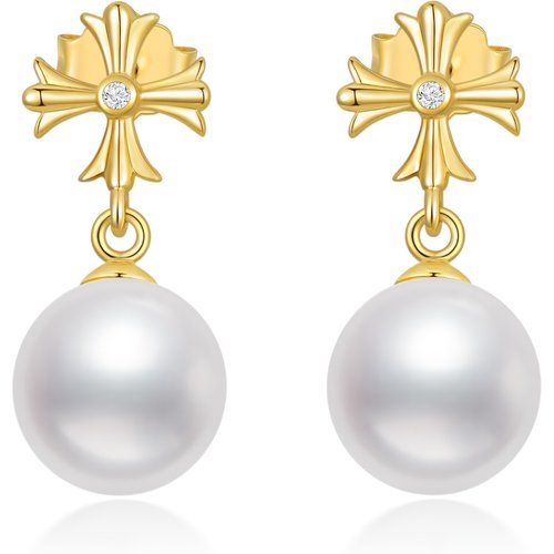 14K Real Gold Cross Studs Earrings With Pearl For Women Teen Girls Gifts