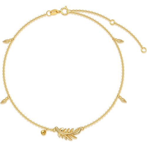 14K Gold Leaves & Bead & Feather Single Chain Anklet