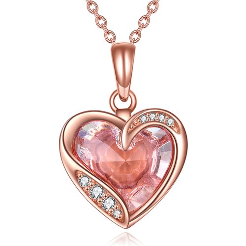 14K Rose Gold Crystal With Cubic Zirconia Heart Pendant Necklace