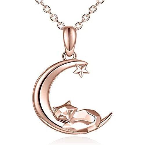 14K Rose Gold Fox & Moon Star Pendant Necklace For Women