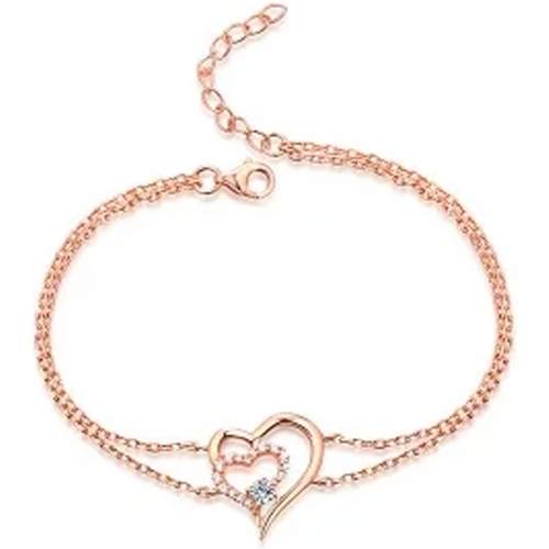 14K Rose Gold Cubic Zirconia Heart With Heart Layerered Bracelet