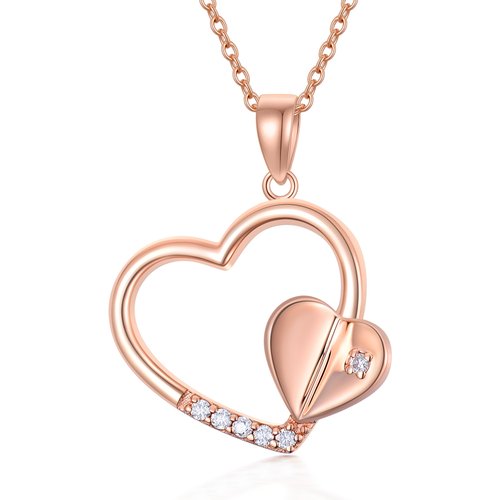 14K Rose Gold Moissanite Double Heart Pendant Necklace For Women