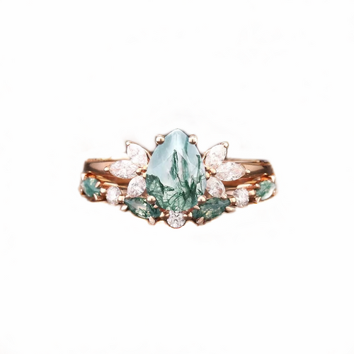 10K Rose Gold Moss Agate Bridal Set