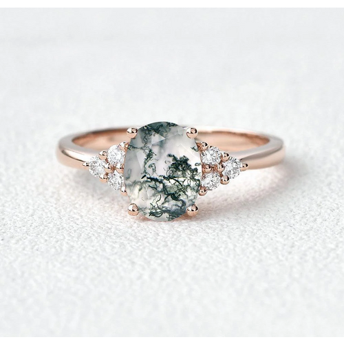 Sterling Silver with Rose Gold Plated Oval Cut Moss Agate Engagement Ring