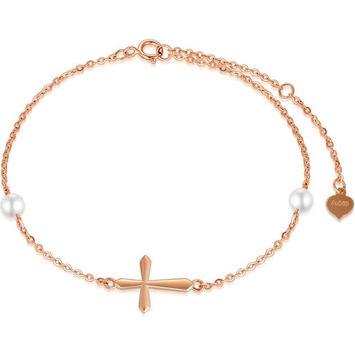 14K Rose Gold Pearl Cross Charm Bracelet