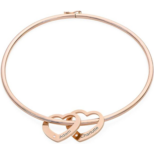 14K Rose Gold Cubic Zirconia Personalized Engraving Pendant Bangle Bracelet for Women