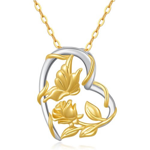 14K Gold Two-Stone Butterfly & Rose Pendant Necklace For Women Best Friends