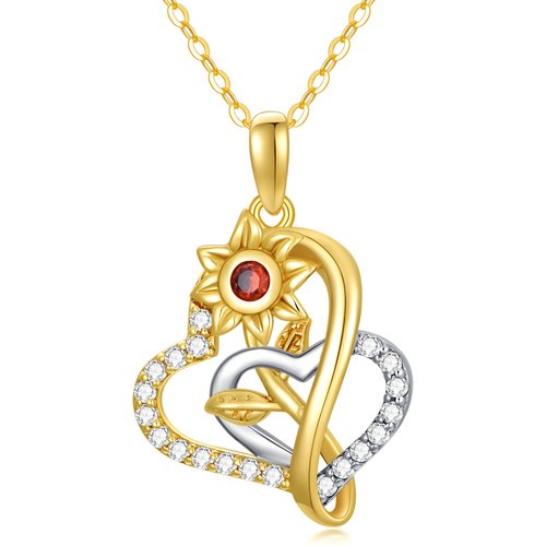 14K Gold Two-Tone Round Moissanite Sunflower & Interlocking Hearts Pendant Necklace For Women
