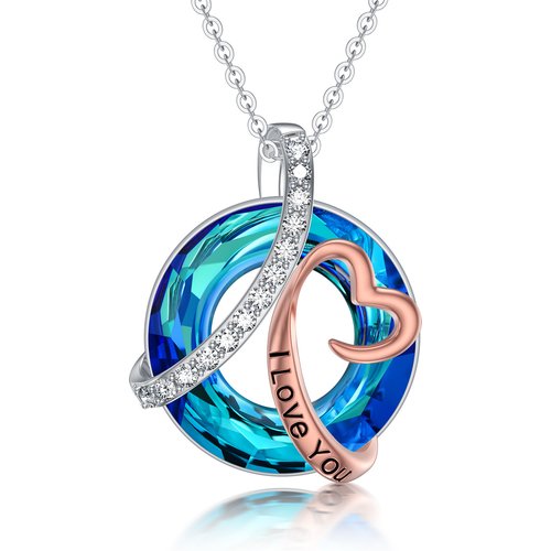 14K Silver & Rose Gold Circular Shaped Heart Crystal Pendant Necklace with Engraved Word