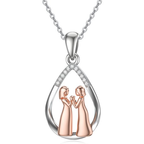 14K Silver & Rose Gold Moissanite Sisters & Drop Pendant Necklace For Women
