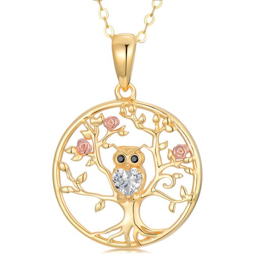 14K Silver & Rose Gold Cubic Zirconia Owl & Tree Of Life Pendant Necklace