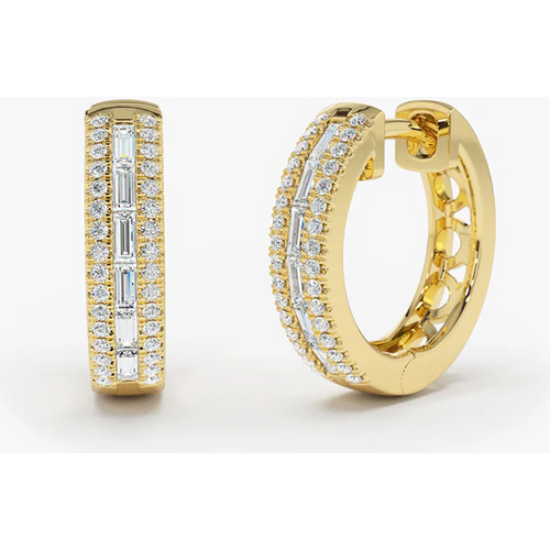14K Solid Gold 0.5 CT.T.W. Pave Natural Diamonds and Baguette Hoop Earrings