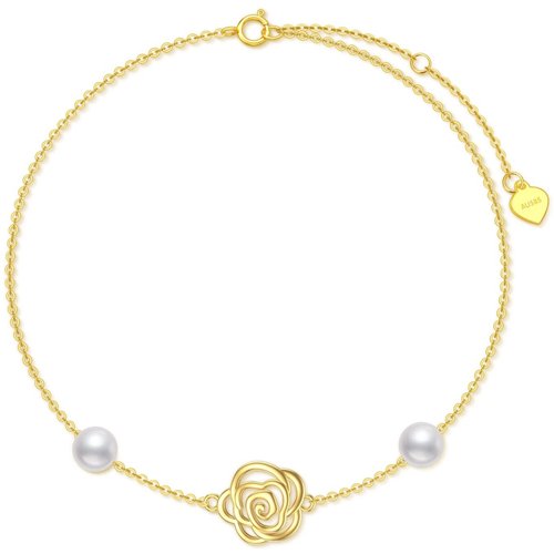 14K Gold Pearl Rose Single Layer Charm Anklet