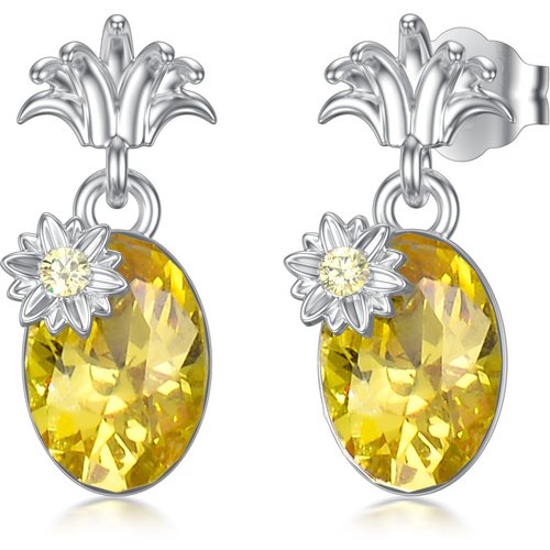 14K Solid White Gold Pineapple Earring Studs with Created Citrine