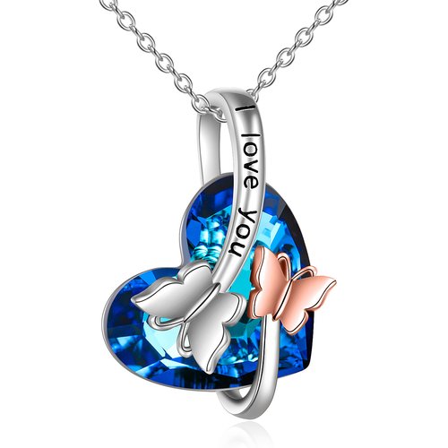 Sterling Silver Two-tone Butterfly & Heart Crystal Pendant Necklace