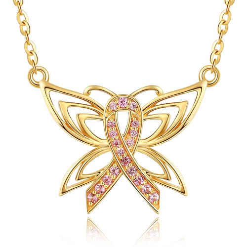 14K Two-tone Circular Cubic Zirconia Butterfly & Breast Cancer Pendant Necklace