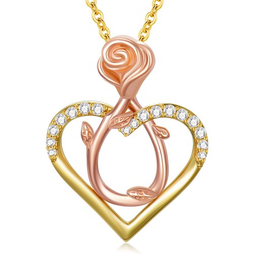14K Two-tone Circular Cubic Zirconia Rose & Heart Pendant Necklace