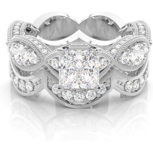 14K White Gold 2.2 CT.T.W. Princess Cut Lab Created Diamond 4 Prong Setting Side Stone Halo Engagement Ring