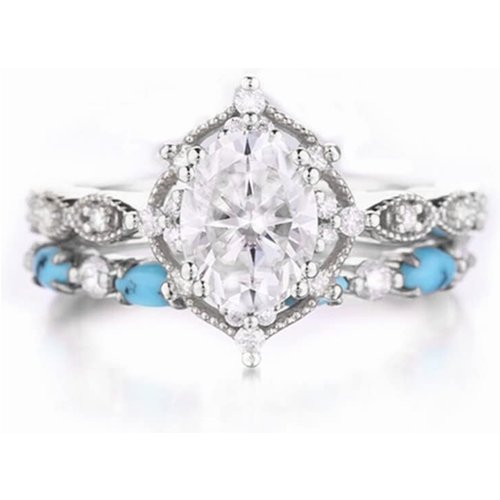 14K White Gold 1.25CT Oval Cut Moissanite Engagement Ring Set with Turquoise