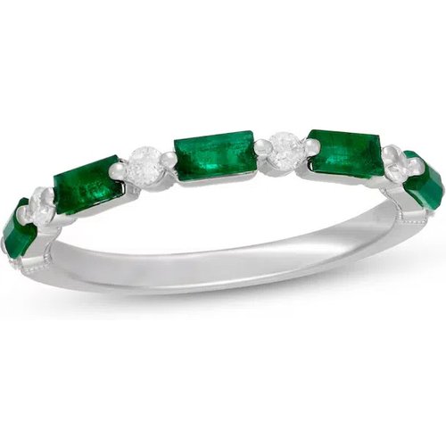 14K White Gold Round Cut & Baguette Diamond & Emerald Custom Stackable Ring I Color I1 Clarity 3EX IGI Certified