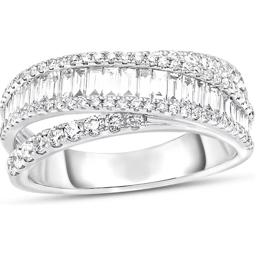 14K White Gold Round Shaped & Baguette Diamond Custom Couple Stackable Ring I Color I2 Clarity 3EX IGI Certified