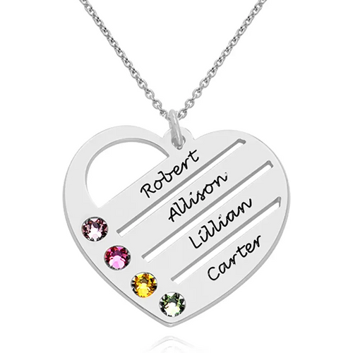 Sterling Silver Birthstone Heart Necklace with Engraved Names
