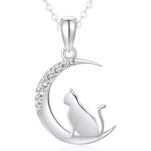 14K White Gold Cubic Zirconia Cat & Moon Necklace for Women