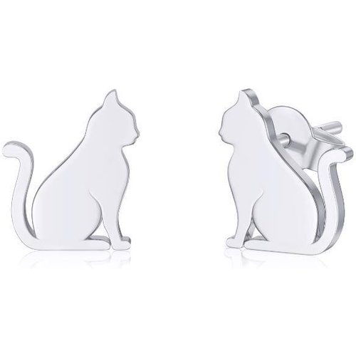 14K White Gold Cat Stud Earrings