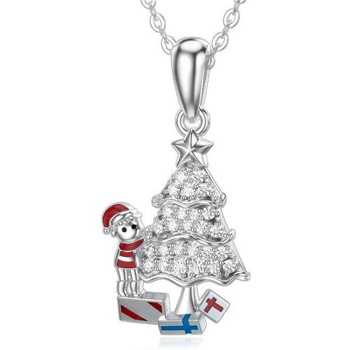 14K White Gold Cubic Zirconia Christmas Tree Pendant Necklace