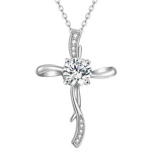 14K White Gold 1 CT Circular Moissanite Cross Pendant Necklace