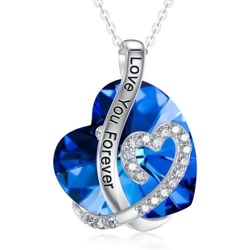 14K White Gold Blue Crystal Heart Pendant Necklace Engraved I Love Your Forever
