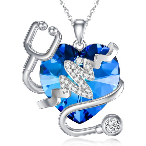 Sterling Silver Heart & Stethoscope Crystal Pendant Necklace