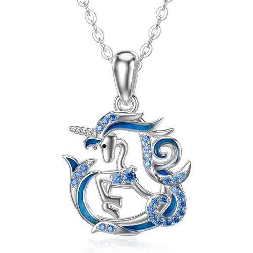 14K White Gold Cubic Zirconia Heart & Unicorn Pendant Necklace