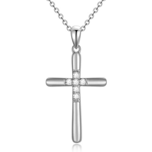 14K White Gold Lab Created Diamond Cross Necklace for Women