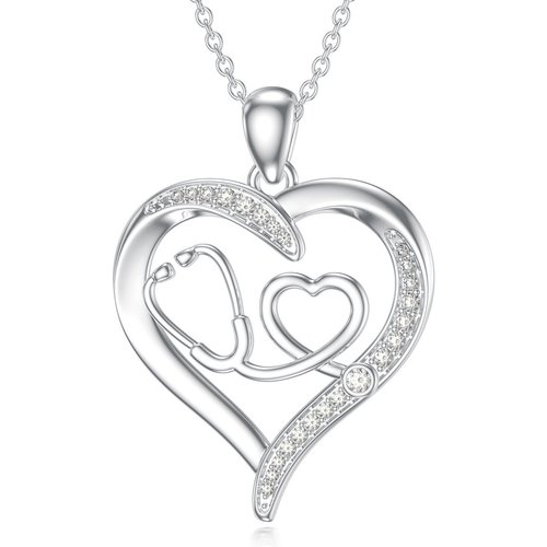 14K White Gold Moissanite Heart & Stethoscope Pendant Necklace