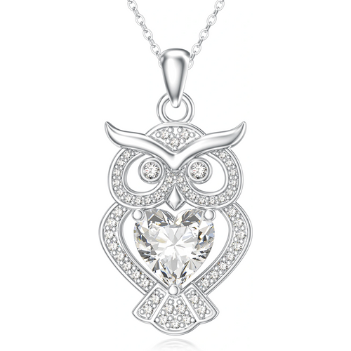 14K White Gold Moissanite Owl Pendant Necklace