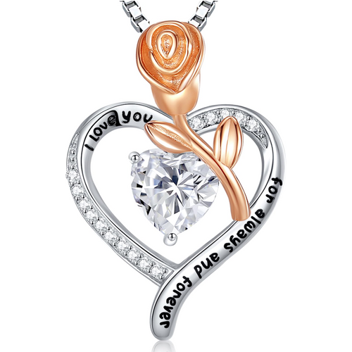 14K White Gold Moissanite Personalized Engraving Rose Heart Necklace for Women