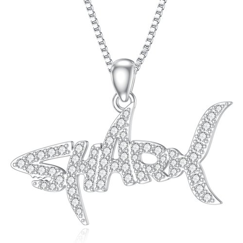 14K White Gold Moissanite Shark Pendant Necklace