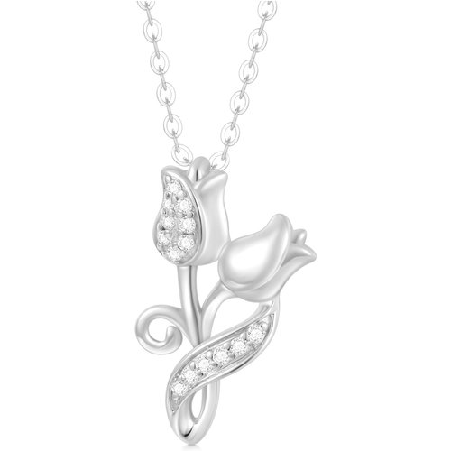 14K White Gold Cubic Zirconia Rose Pendant Necklace