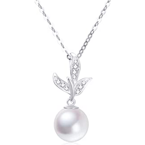 14K White Gold Round Pearl Leaves Necklace for Women