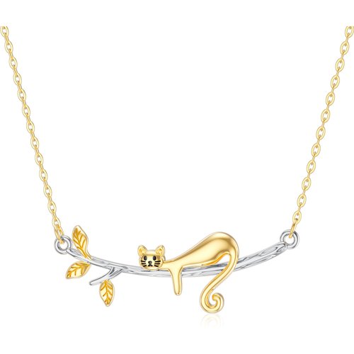 14K White & Yellow Gold Cat Dainty Pendant Necklace