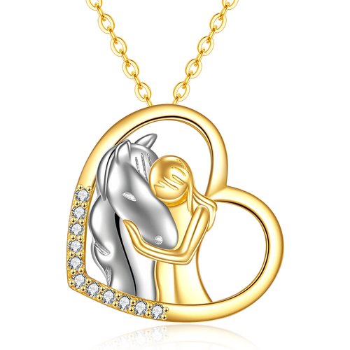 14K Gold Two-Tone Circular Cubic Zirconia Horse & Heart Pendant Necklace For Women