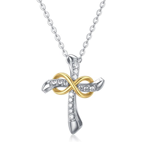 14K Gold Two-Tone Circular Moissanite Cross & Infinity Symbol Pendant Necklace For Women
