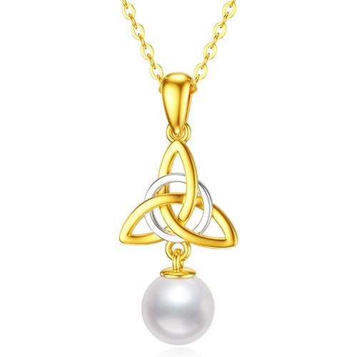 14K White Gold Two-Tone Circular Pearl Celtic Knot Pendant Necklace For Women Best Friends