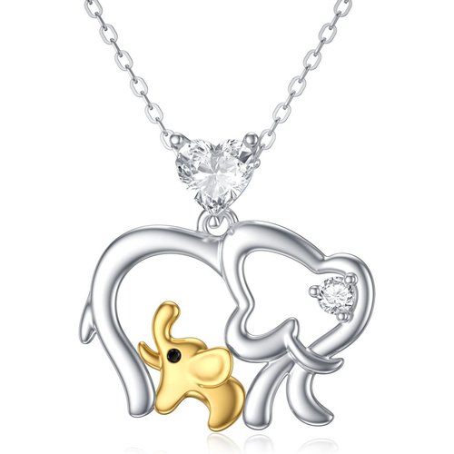 14K White Gold & Yellow Gold Cubic Zirconia Elephant Pendant Necklace
